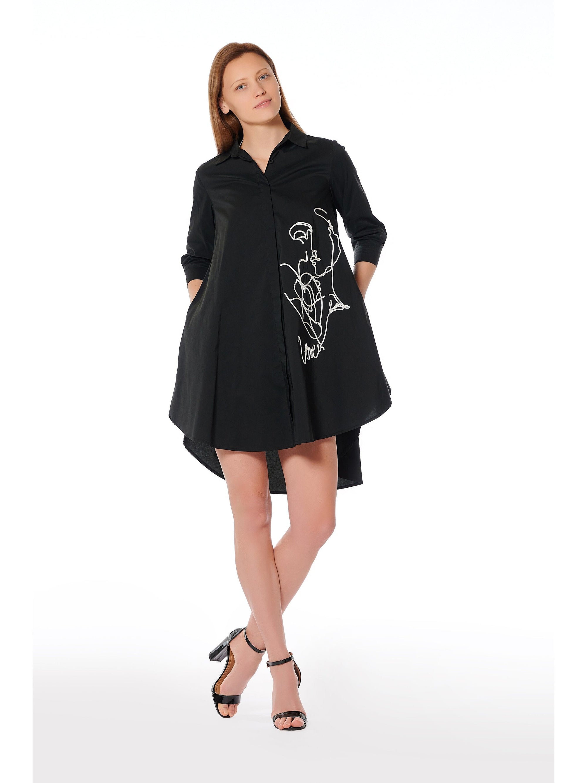 Modern Line Art Face Embroidered Collared Tunic TOP Gracia Fashion BLACK S 