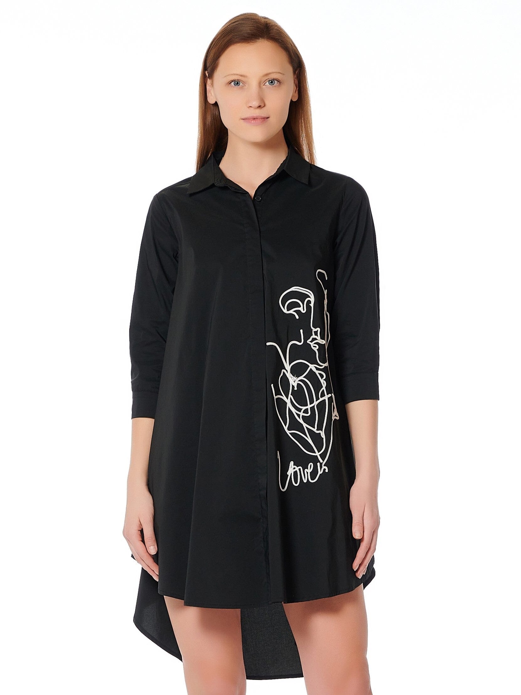 Modern Line Art Face Embroidered Collared Tunic TOP Gracia Fashion BLACK S 