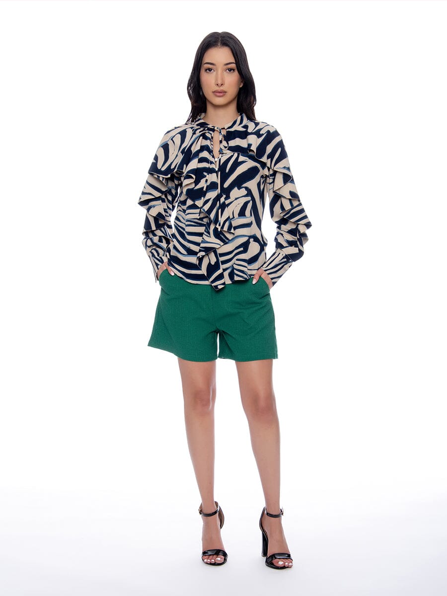 Modern Zebra Ruffle Sleeve Blouse TOP Gracia Fashion BLUE S 