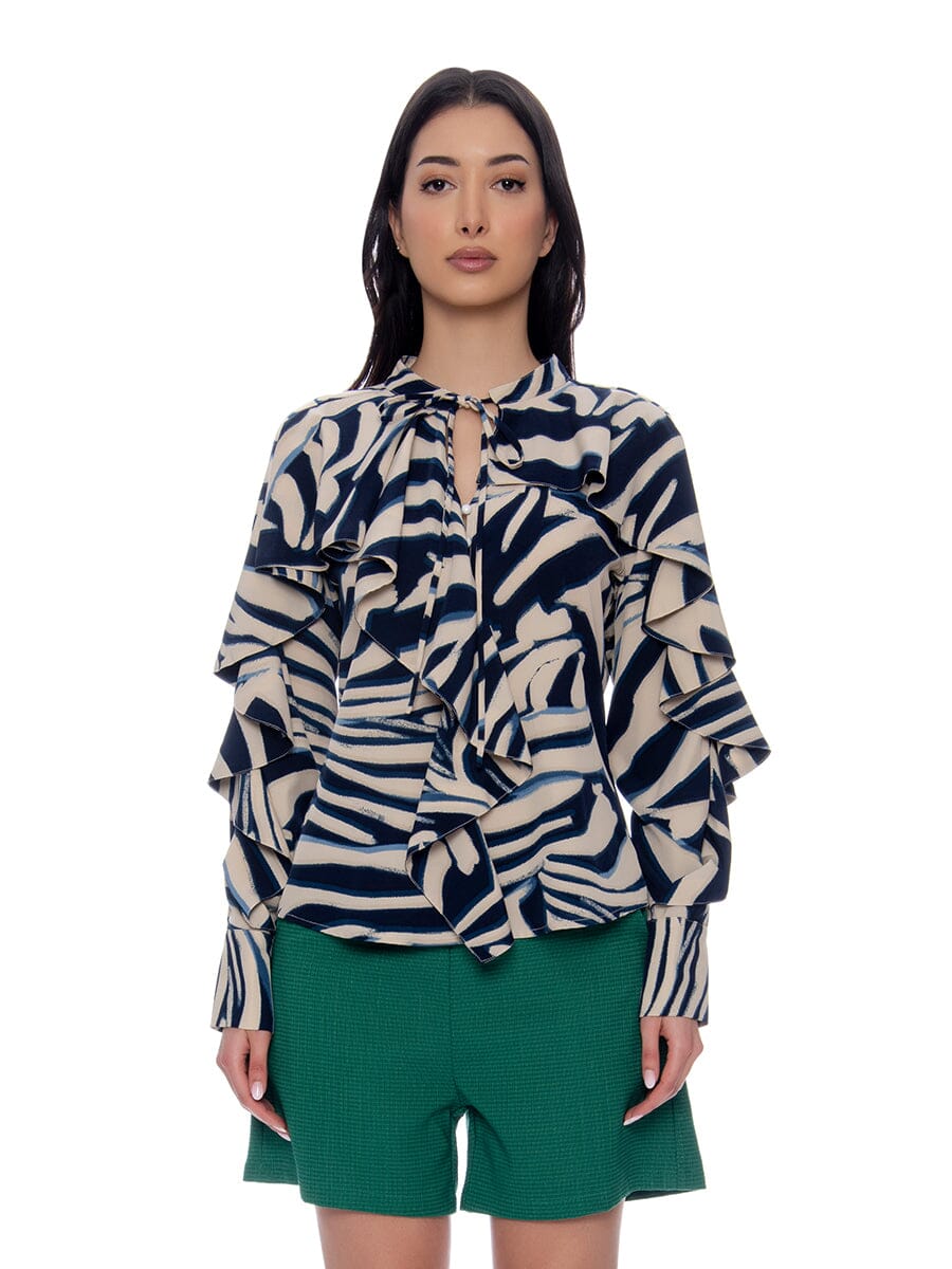 Modern Zebra Ruffle Sleeve Blouse TOP Gracia Fashion BLUE S 