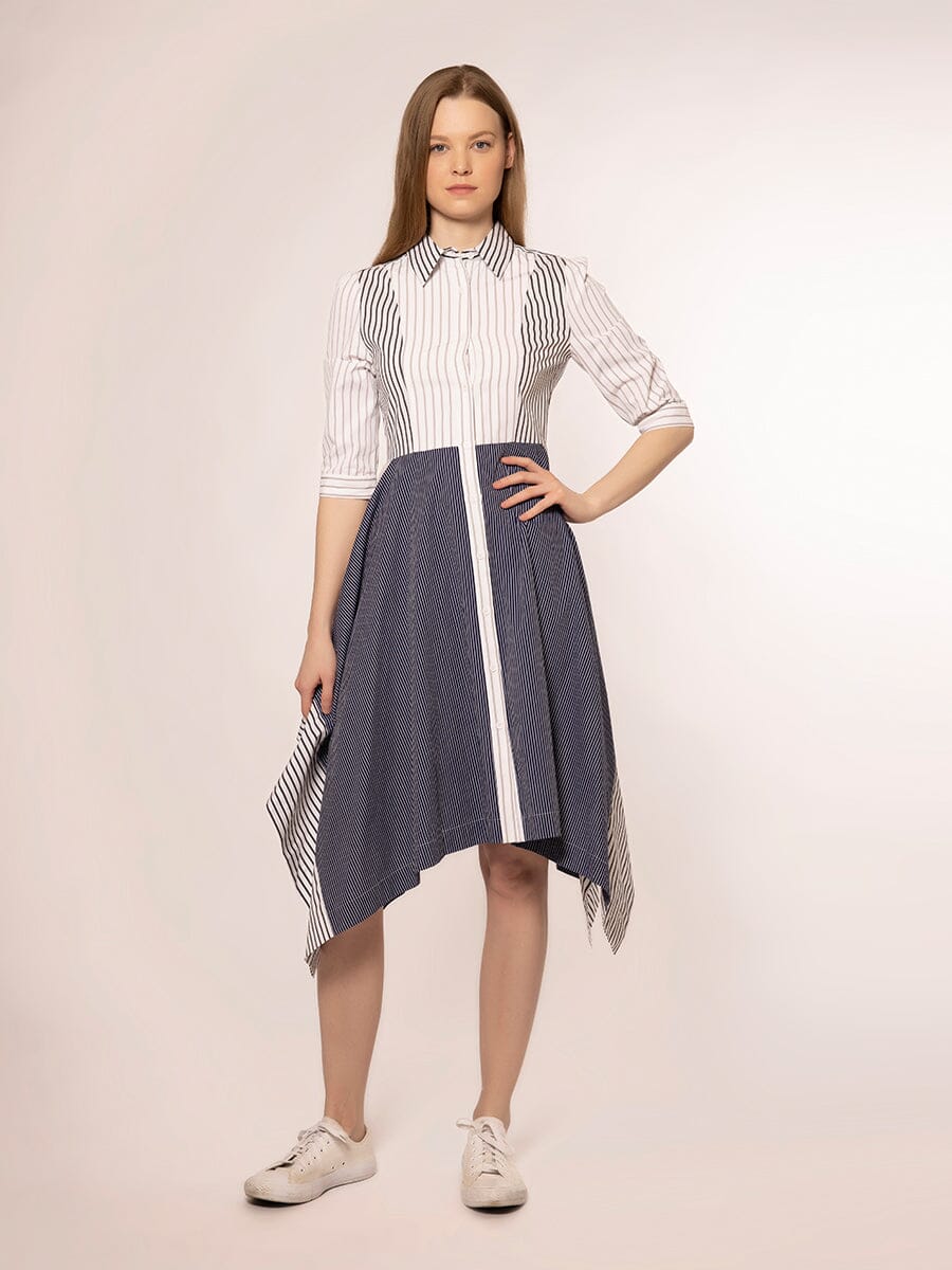 Multi Stripe Midi Sleeves Shirt Dress DRESS Gracia Fashion WHITE/NAVY S 