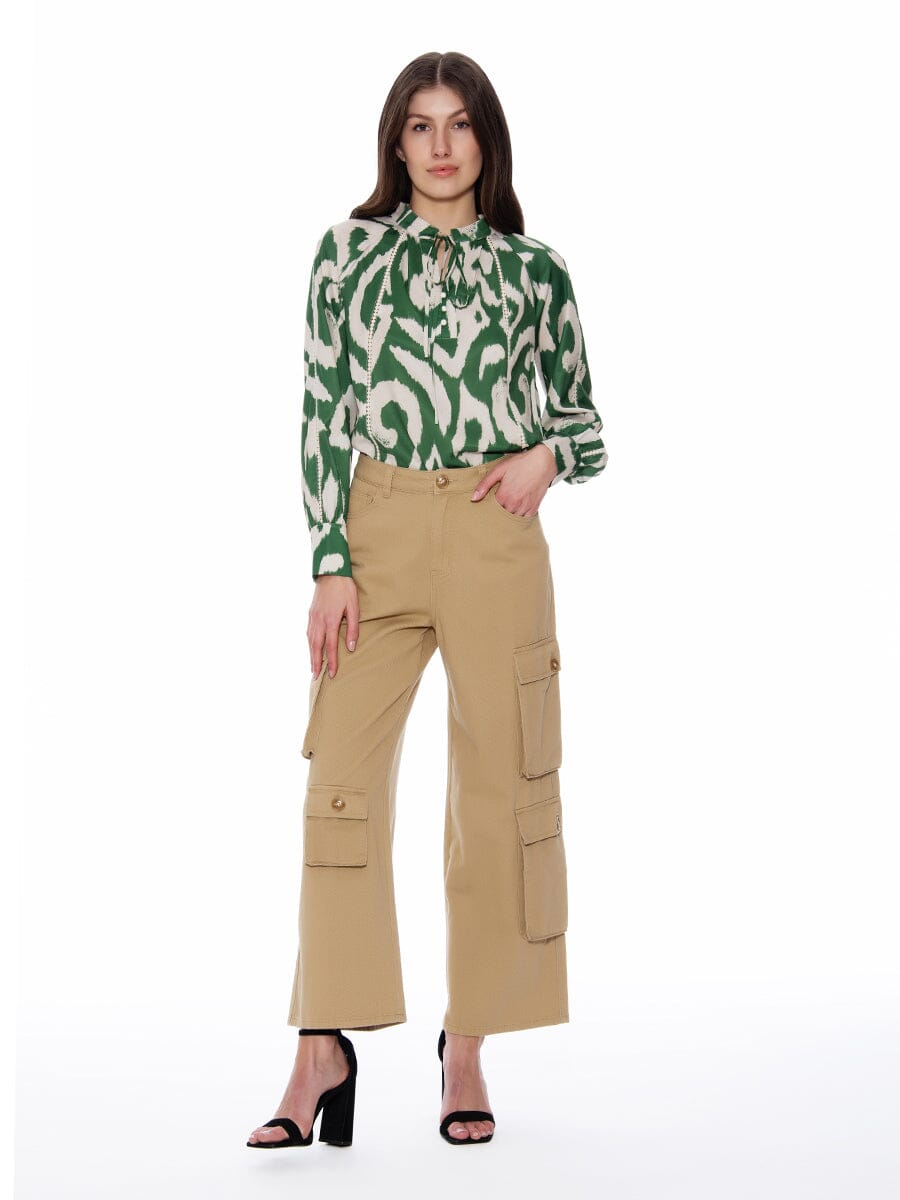 Natural Line Pattern Blouse with Neck String TOP Gracia Fashion GREEN S 