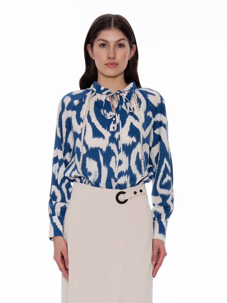 Natural Line Pattern Blouse with Neck String TOP Gracia Fashion 