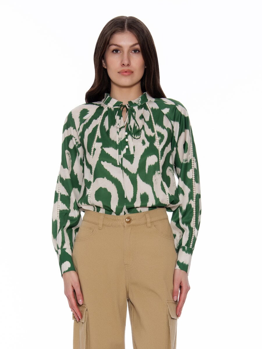 Natural Line Pattern Blouse with Neck String TOP Gracia Fashion GREEN S 