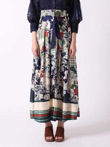 Nature Print Blue Belt Button Down Maxi Skirt SKIRT Gracia Fashion BEIGE S 