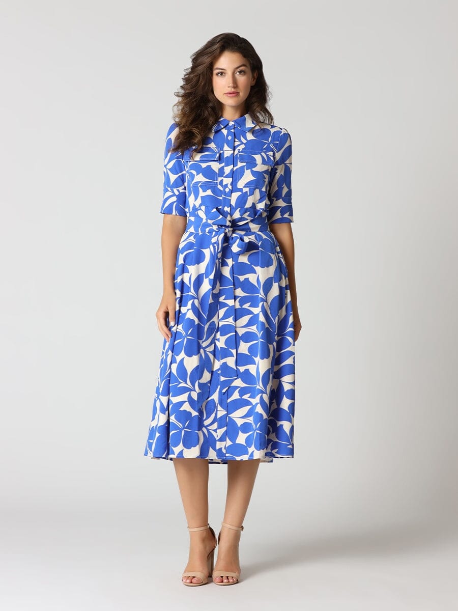 Nature Print Shirt Dress w/ Waist Ribbon DRESS Gracia Fashion BLUE S 