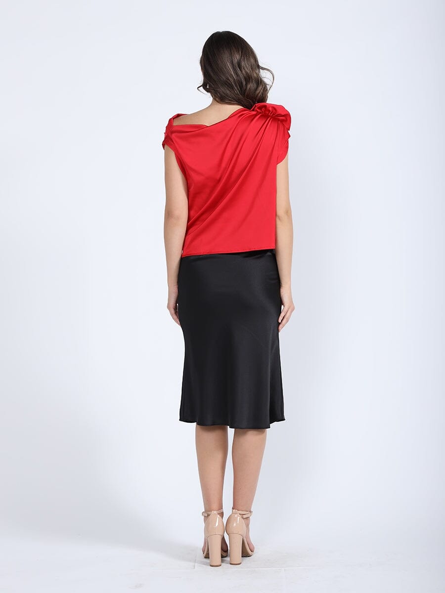 One Shoulder Flower Applique Sleeveless Satin Top TOP Gracia Fashion 