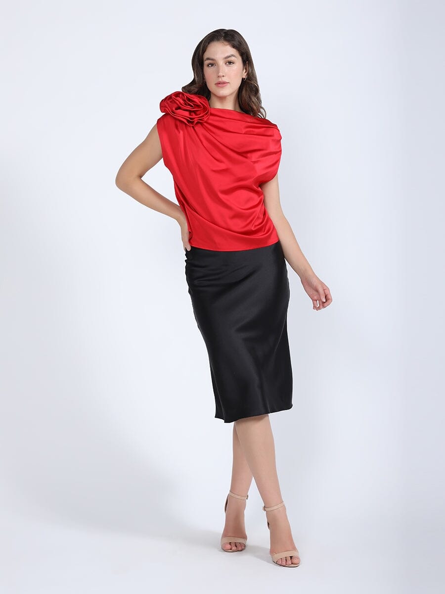One Shoulder Flower Applique Sleeveless Satin Top TOP Gracia Fashion 