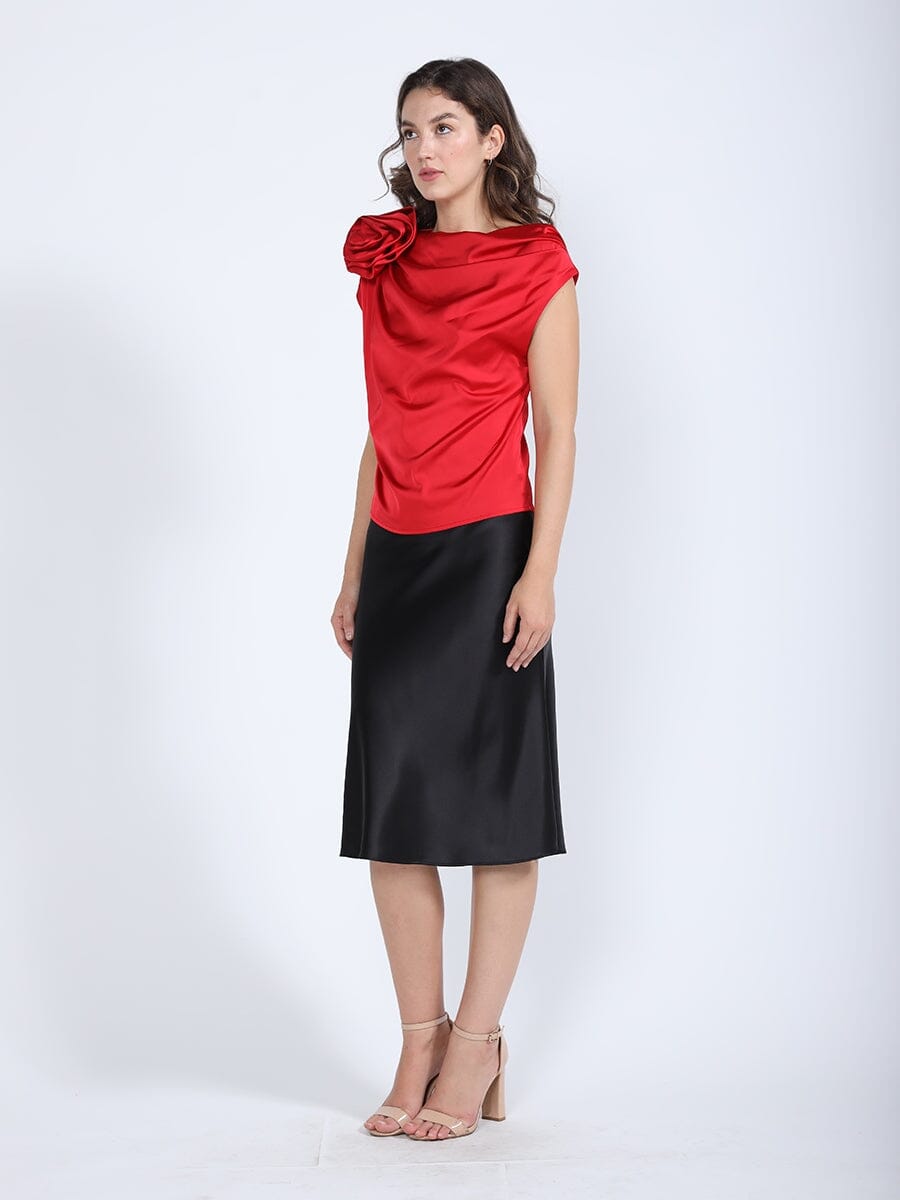 One Shoulder Flower Applique Sleeveless Satin Top TOP Gracia Fashion 