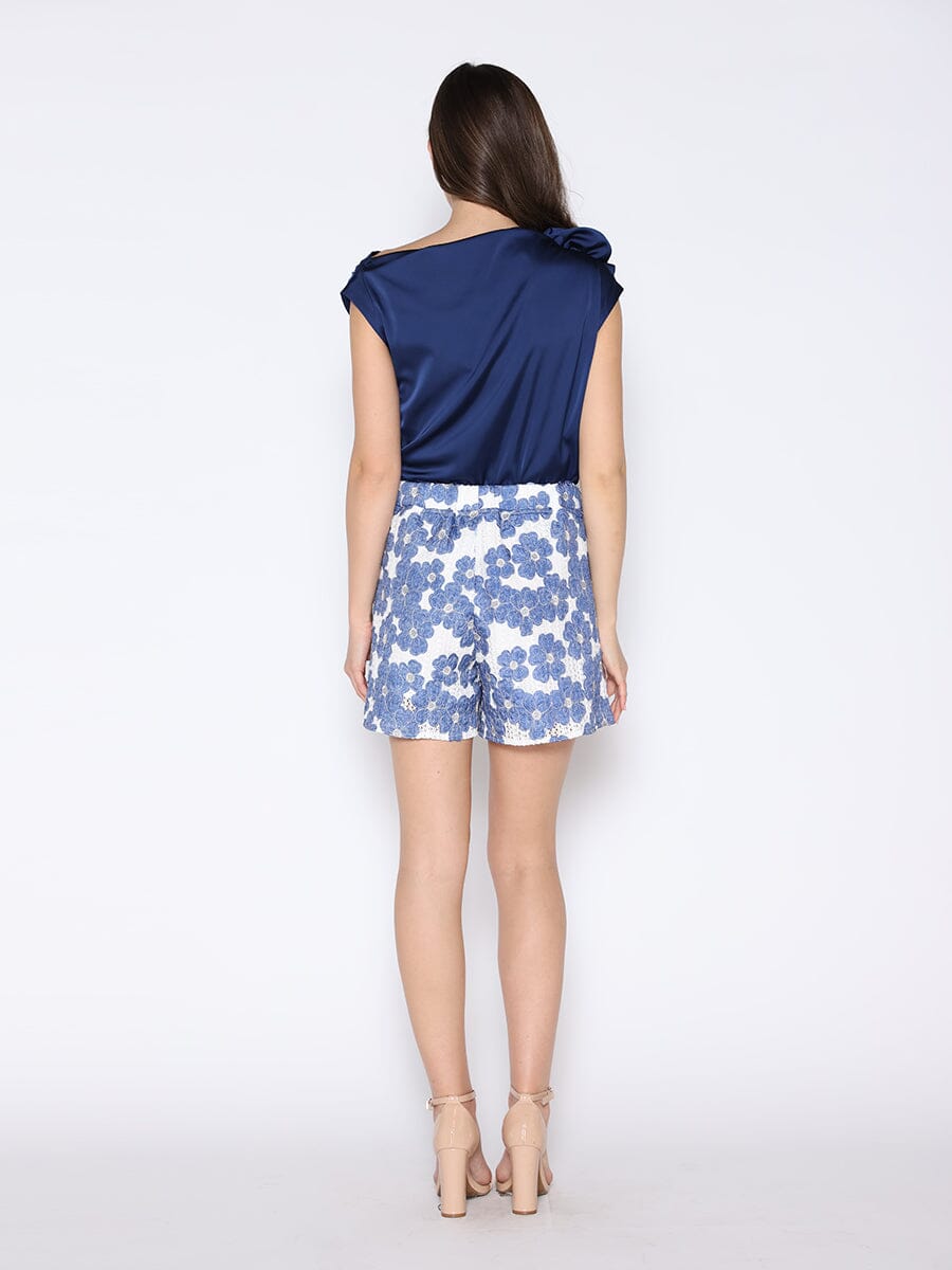 One Shoulder Flower Applique Sleeveless Satin Top TOP Gracia Fashion 