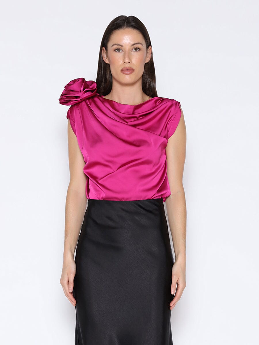 One Shoulder Flower Applique Sleeveless Satin Top TOP Gracia Fashion FUSHIA S 