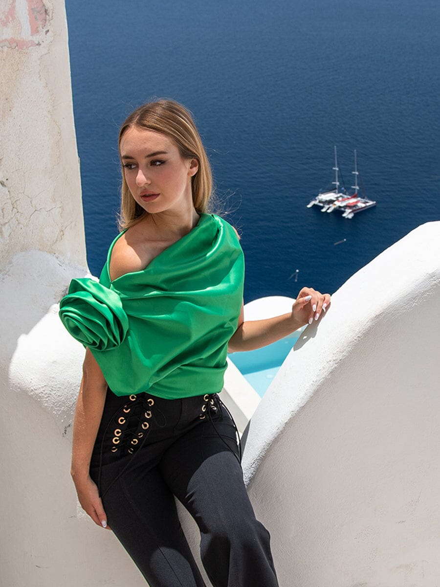 One Shoulder Flower Applique Sleeveless Satin Top TOP Gracia Fashion GREEN S 