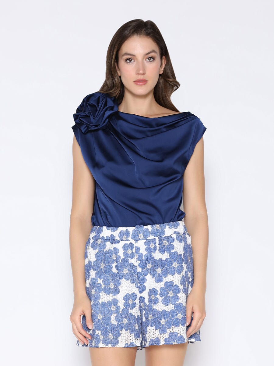 One Shoulder Flower Applique Sleeveless Satin Top TOP Gracia Fashion NAVY S 