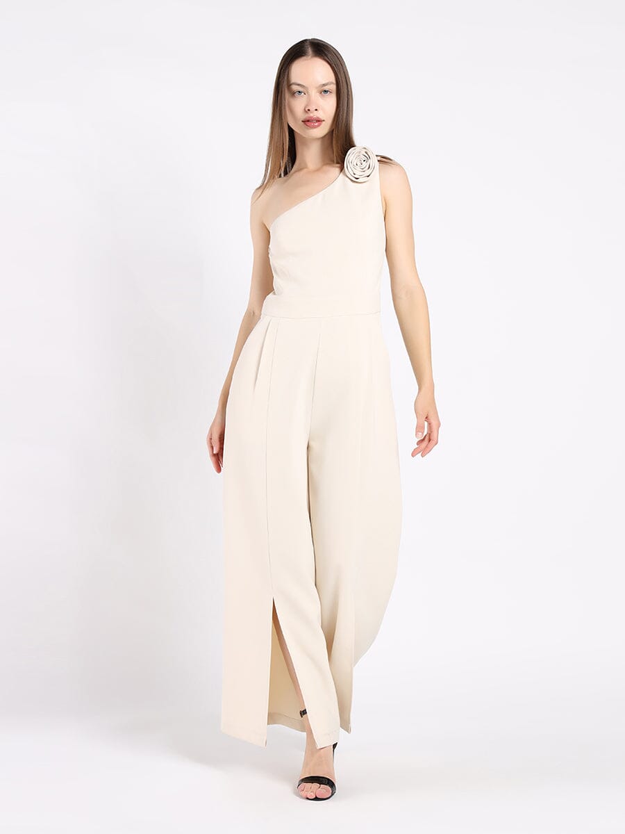 One Shoulder Flower Detail Wide Leg Jumpsuit JUMPSUIT Gracia Fashion BEIGE S 
