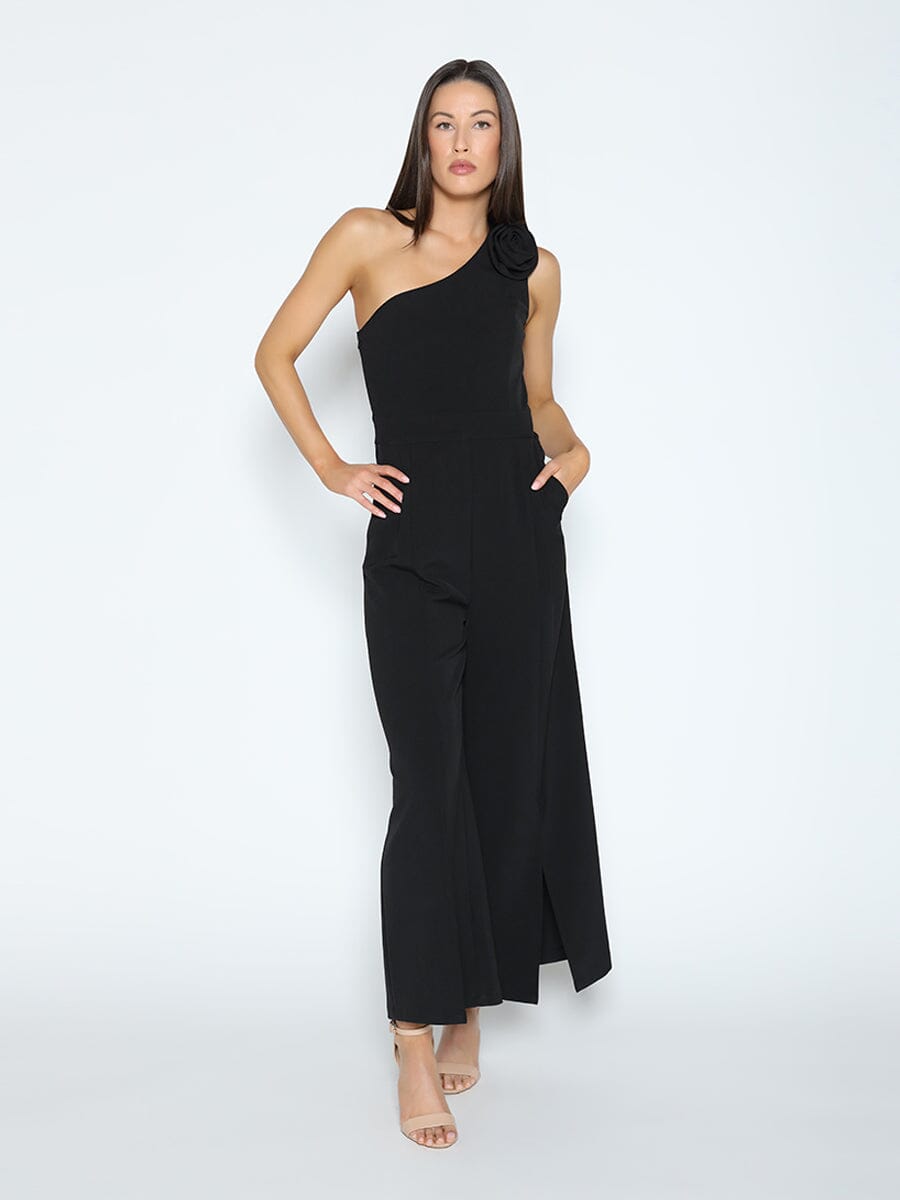 One Shoulder Flower Detail Wide Leg Jumpsuit JUMPSUIT Gracia Fashion 