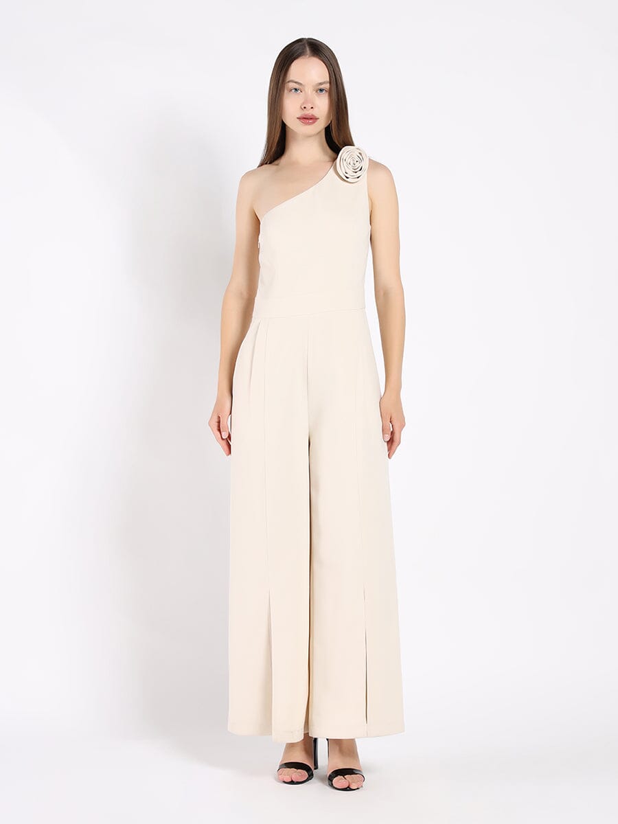 One Shoulder Flower Detail Wide Leg Jumpsuit JUMPSUIT Gracia Fashion BEIGE S 