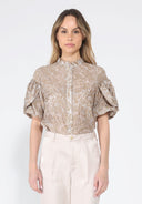 Organza Flocked Velvet Print Puffed Sleeve Top TOP Gracia Fashion BEIGE S 
