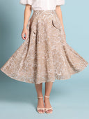 Organza Flocked Velvet Print Skirt SKIRT Gracia Fashion BEIGE S 
