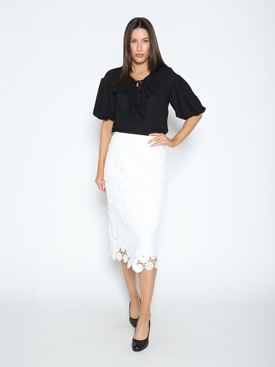 Paisley Lace Midi Pencil Skirt SKIRT Gracia Fashion WHITE S 