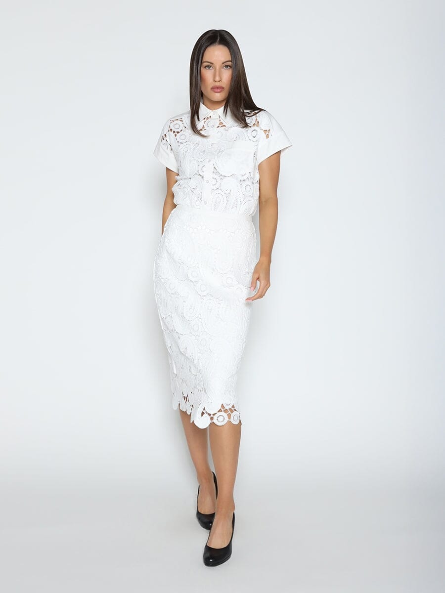 Paisley Lace Short Sleeve Button Down Shirt TOP Gracia Fashion WHITE S 