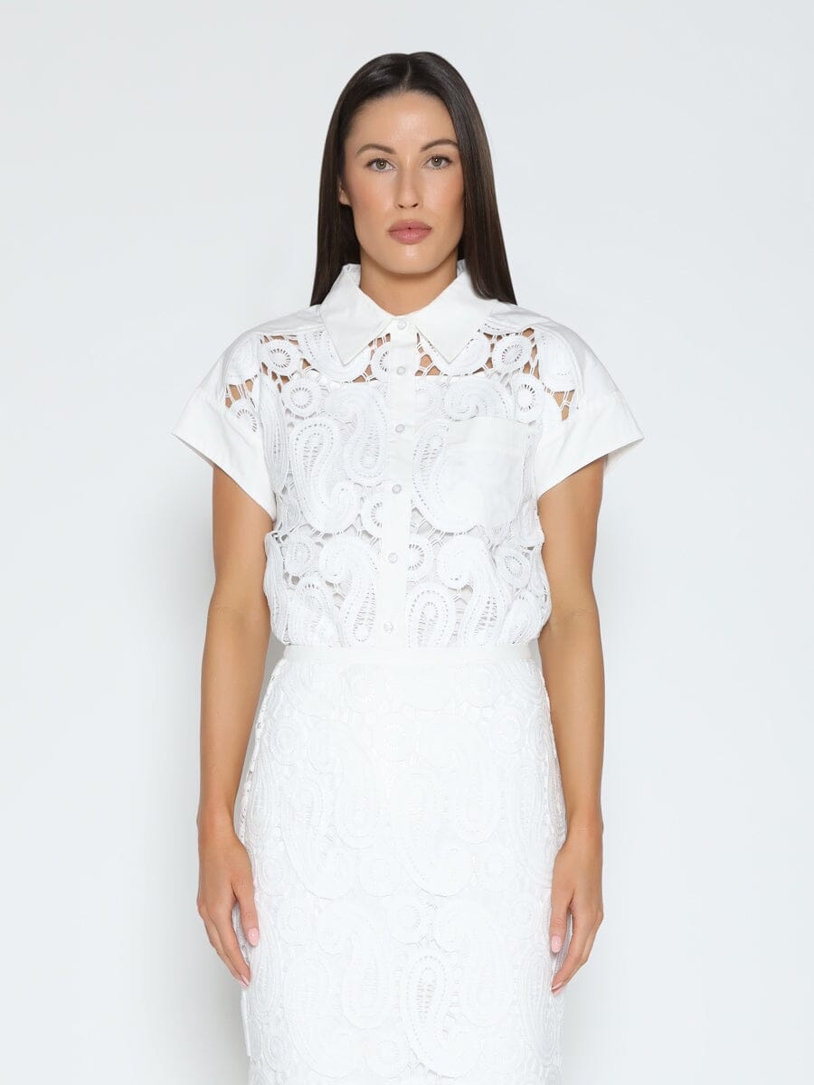 Paisley Lace Short Sleeve Button Down Shirt TOP Gracia Fashion WHITE S 