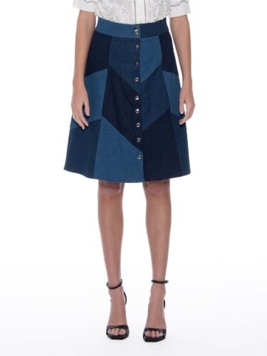 Patchwork Button-Front Denim Midi Skirt SKIRT Gracia Fashion DENIM S 