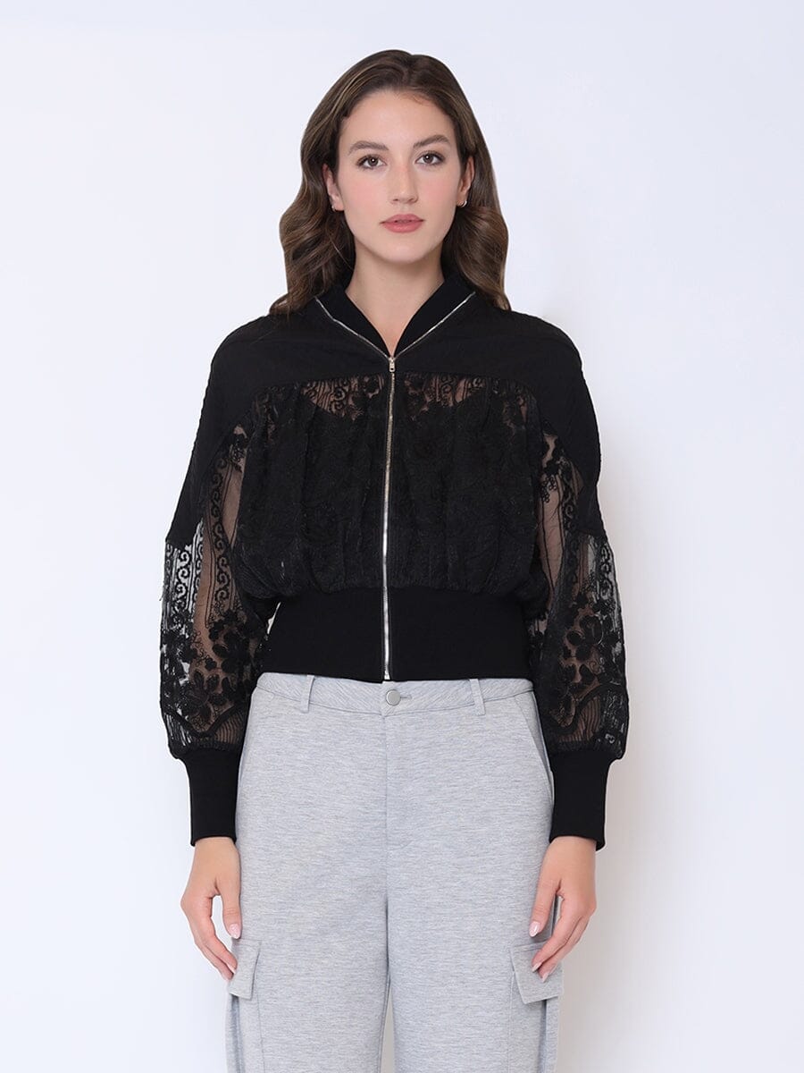 Patchwork Lace Embroidered Zip-Up Jacket JACKET Gracia Fashion BLACK S 