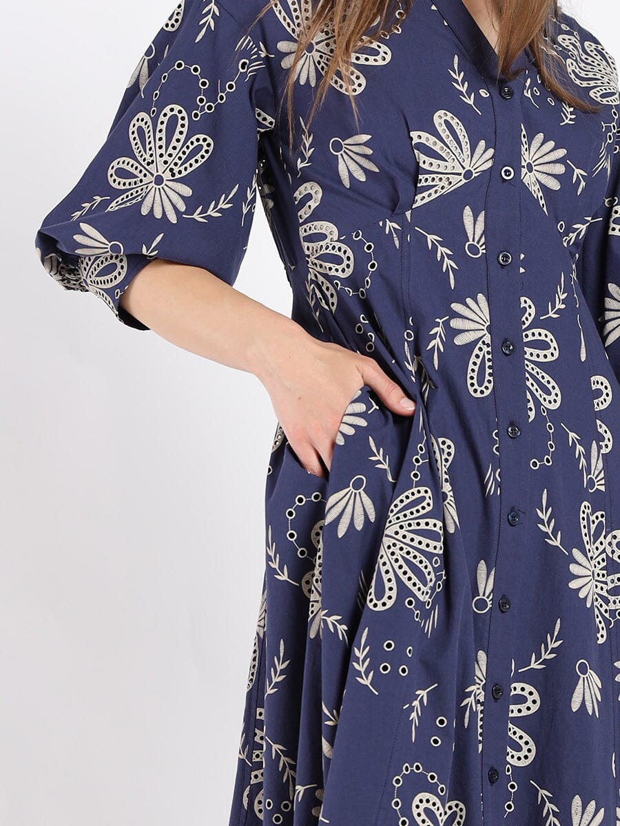 Patterned A-Line Dress with V-Neck Collar