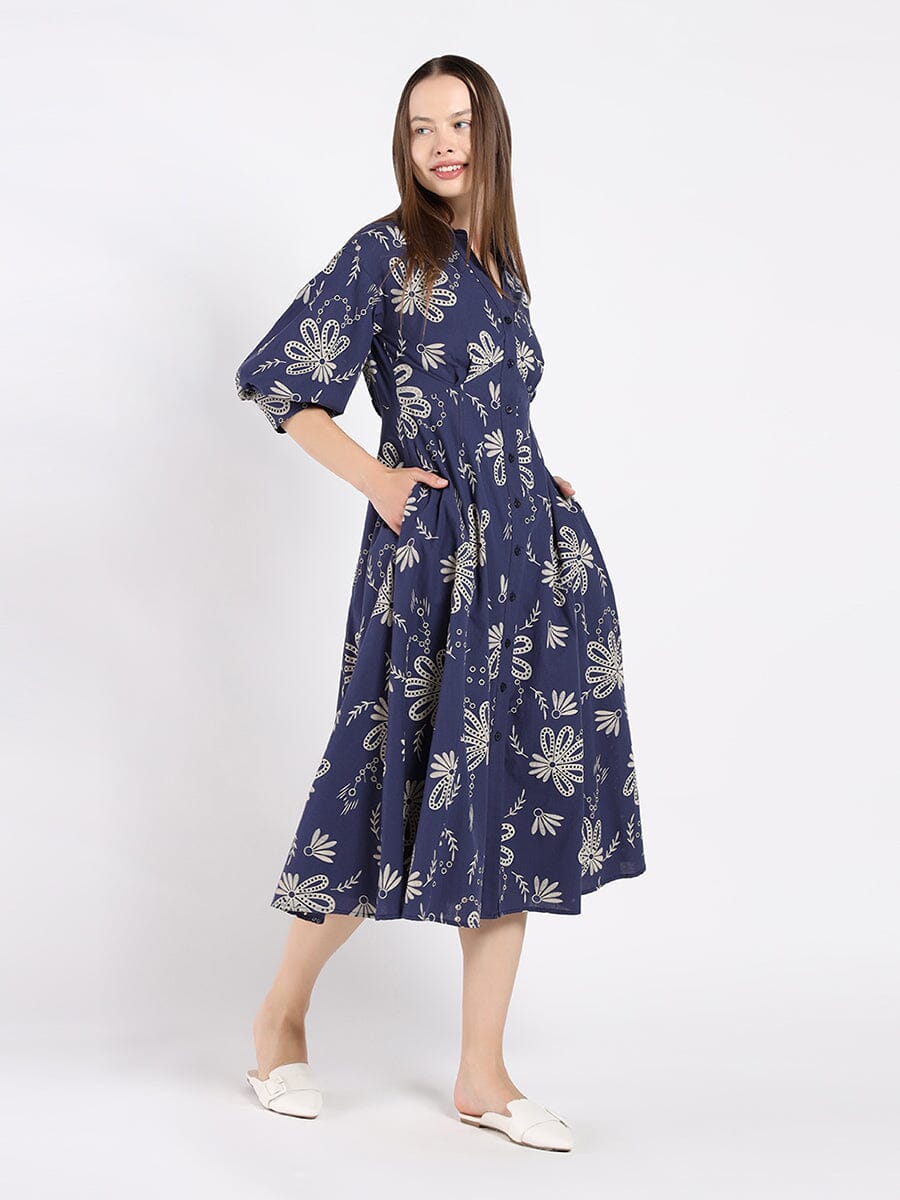 Patterned A-Line Dress with V-Neck Collar DRESS Gracia Fashion NAVY S 