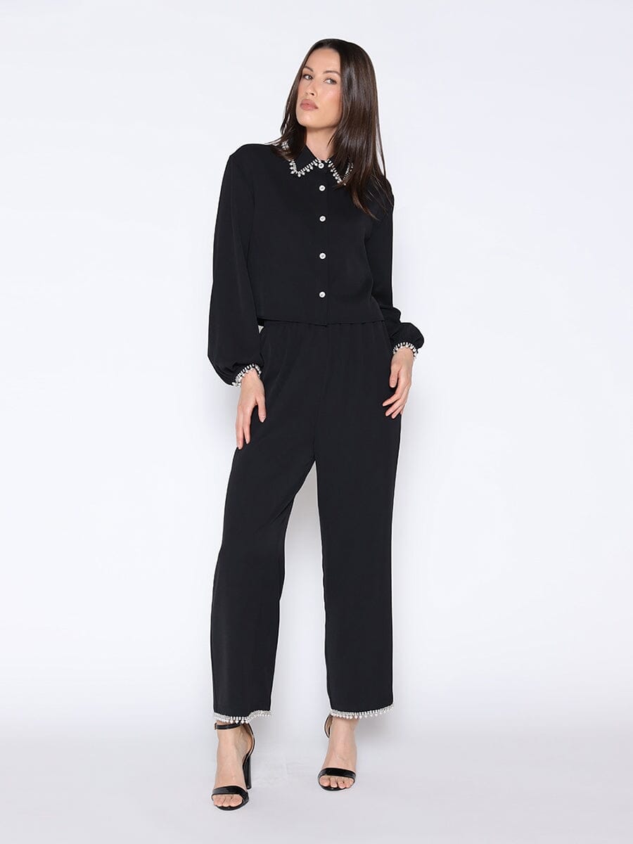 Pearl Beaded Long Sleeve Cropped Top TOP Gracia Fashion BLACK S 