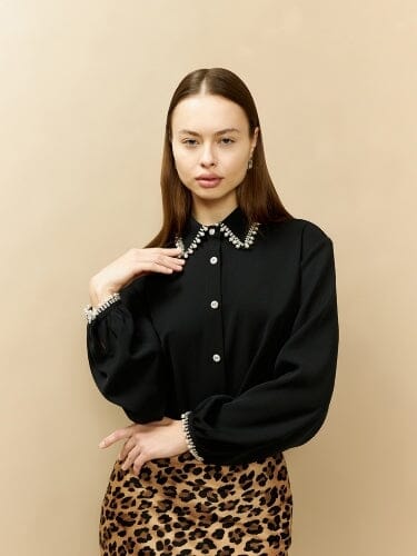 Pearl Beaded Long Sleeve Cropped Top TOP Gracia Fashion BLACK S 