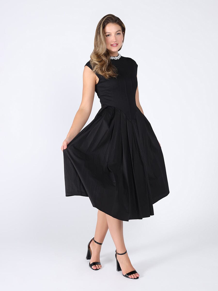 Pearl Beaded Mock Neck Pleated Cap Sleeve Dress DRESS Gracia Fashion BLACK S 