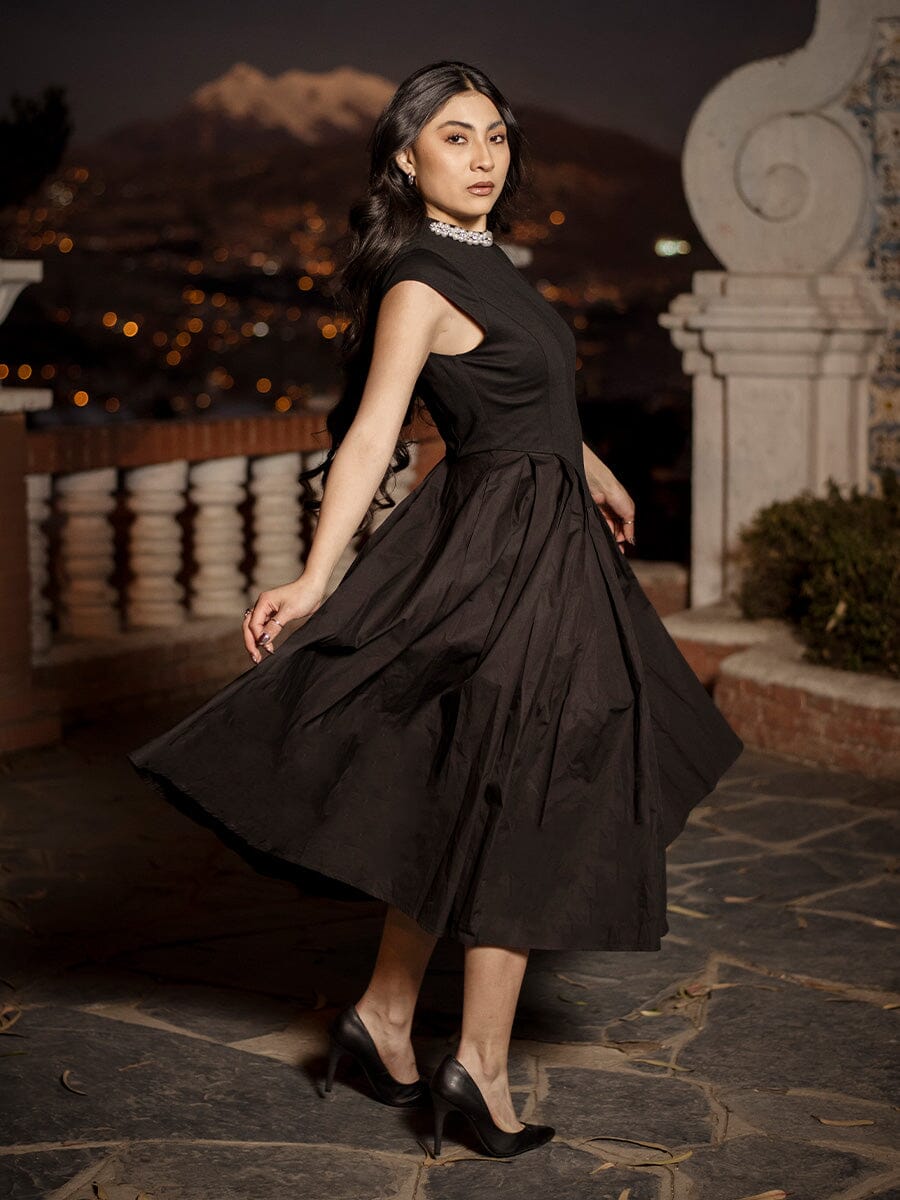 Pearl Beaded Mock Neck Pleated Cap Sleeve Dress DRESS Gracia Fashion BLACK S 