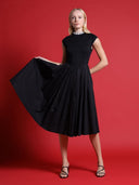 Pearl Beaded Mock Neck Pleated Cap Sleeve Dress DRESS Gracia Fashion BLACK S 