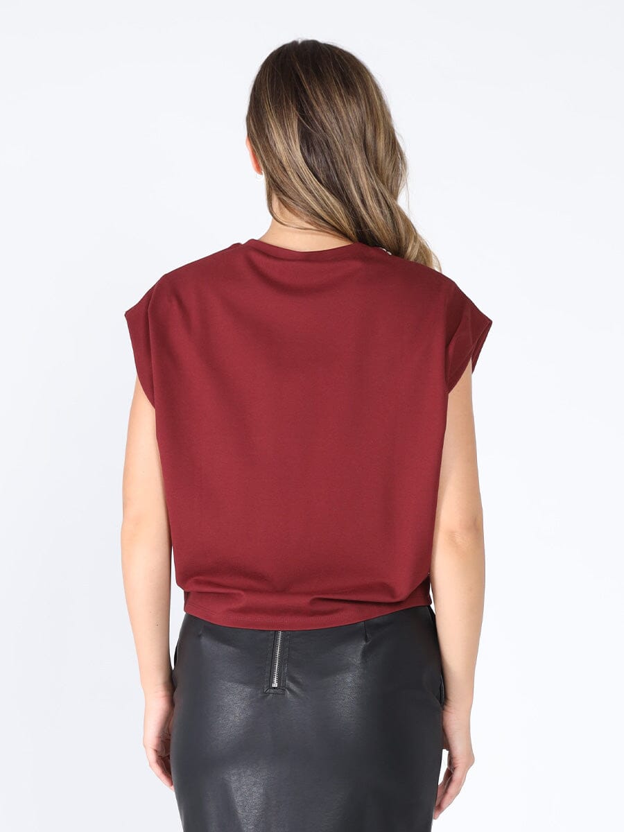 Pearl Beaded Round Neck Side Twist Knot Top SET Gracia Fashion BURGUNDY S 