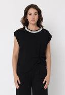 Pearl Beaded Round Neck Side Twist Knot Top SET Gracia Fashion BLACK S 