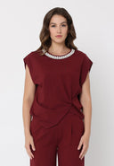 Pearl Beaded Round Neck Side Twist Knot Top SET Gracia Fashion BURGUNDY S 