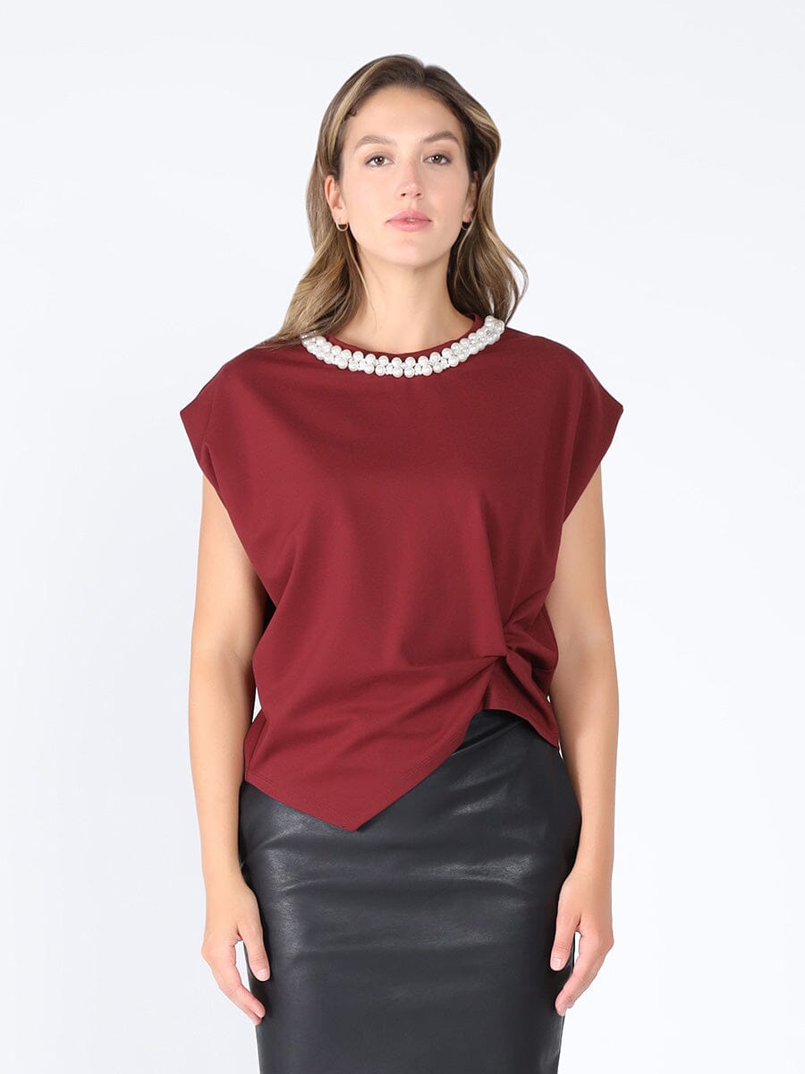 Pearl Beaded Round Neck Side Twist Knot Top SET Gracia Fashion BURGUNDY S 
