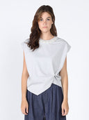 Pearl Beaded Round Neck Side Twist Knot Top SET Gracia Fashion GREY S 