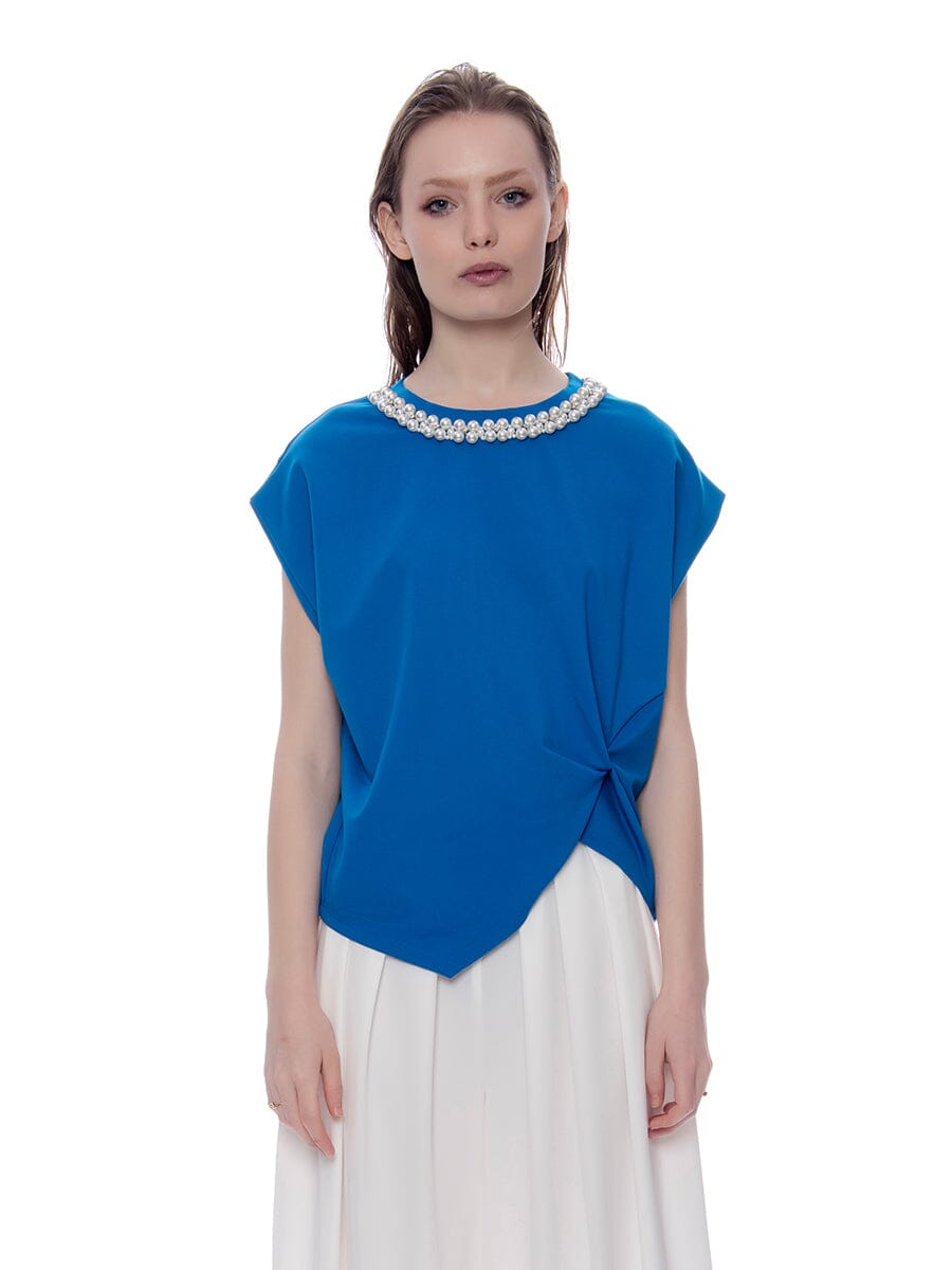 Pearl Beaded Round Neck Side Twist Knot Top TOP Gracia Fashion BLUE S 