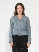 Pearl Embellished Elastic Waist Long Sleeve JACKET Gracia Fashion DENIM S 
