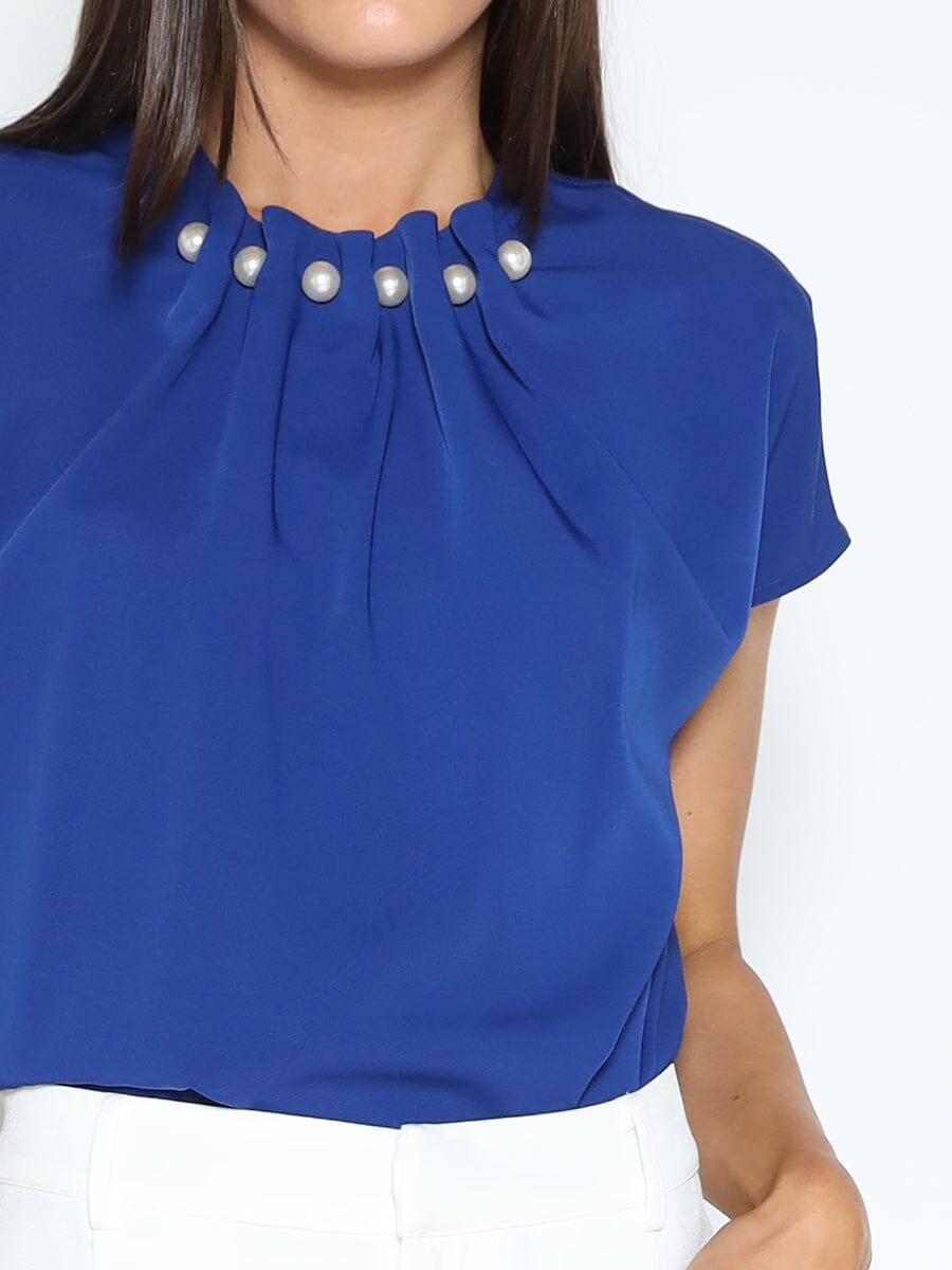 Pearl Embellished Neckline Short Sleeve Top TOP Gracia Fashion BLUE S 