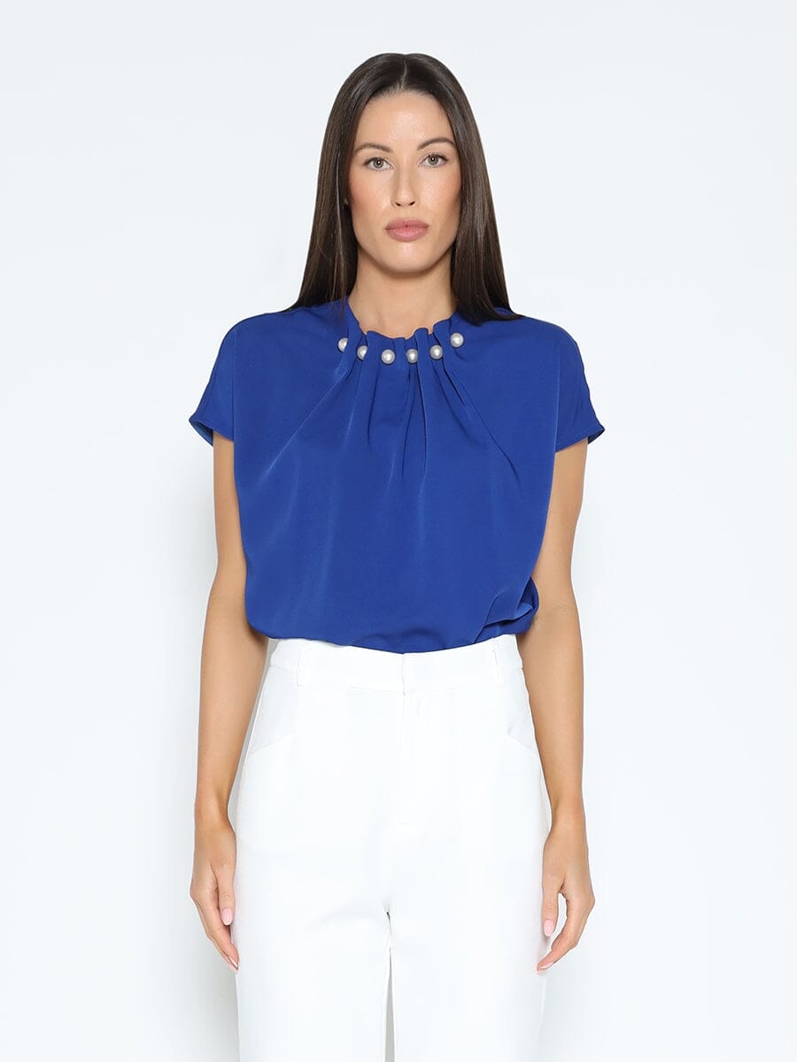 Pearl Embellished Neckline Short Sleeve Top TOP Gracia Fashion BLUE S 