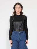 Pearl embellished pleather front mesh sleeve top TOP Gracia Fashion BLACK S 