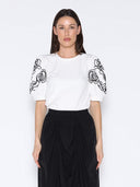 Pearl & Floral Embroidered Puff Sleeve T-Shirt TOP Gracia Fashion WHITE S 