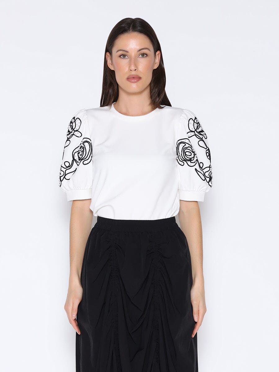Pearl & Floral Embroidered Puff Sleeve T-Shirt TOP Gracia Fashion WHITE S 