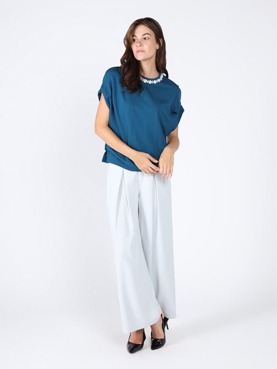 Pearl Work Round Neck Top TOP Gracia Fashion TEAL S 
