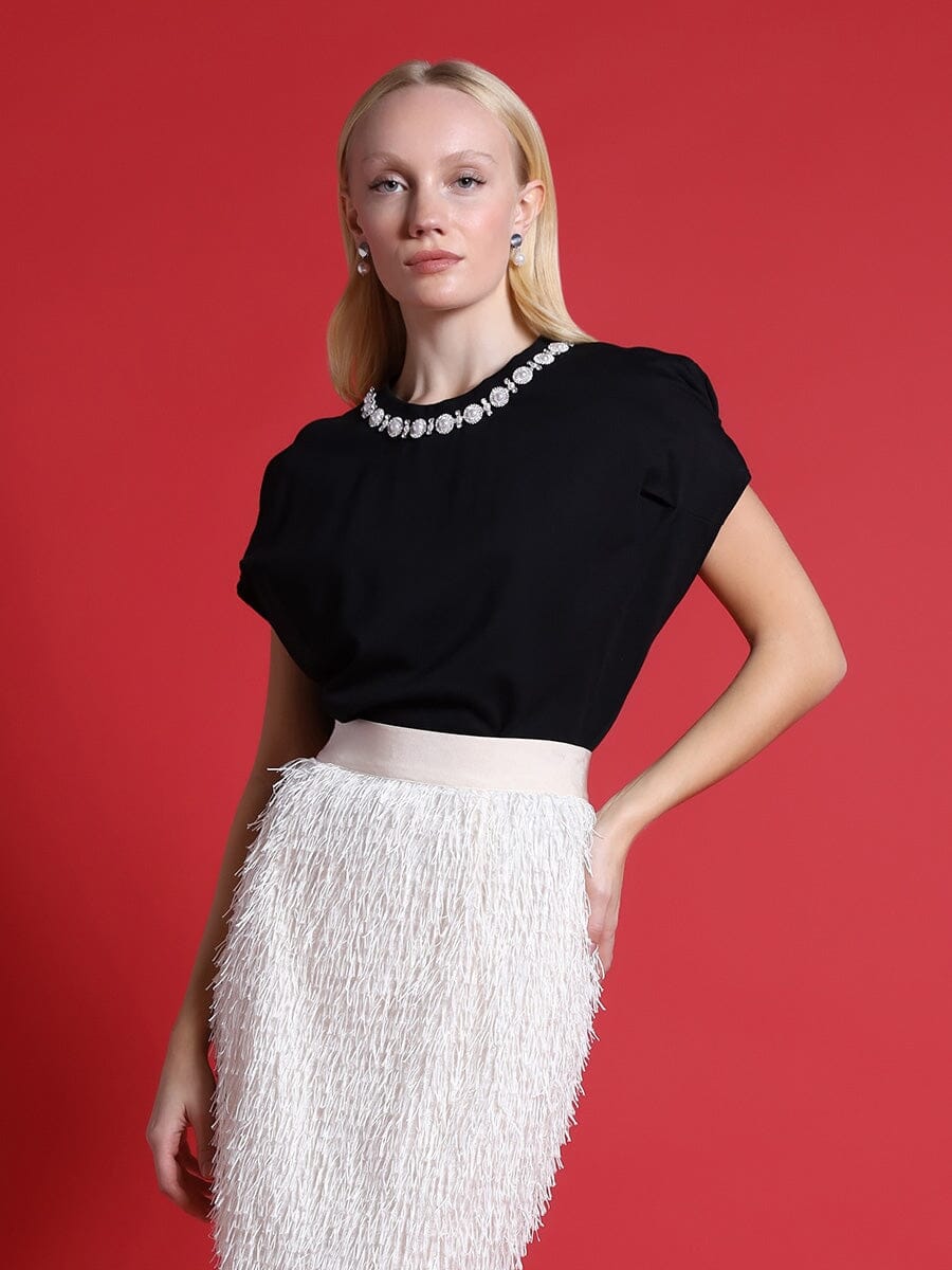 Pearl Work Round Neck Top TOP Gracia Fashion BLACK S 