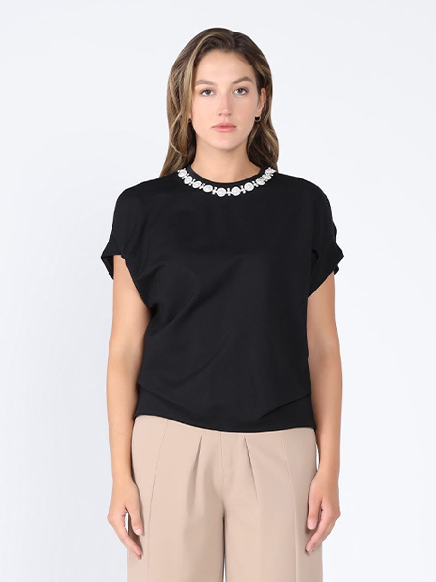 Pearl Work Round Neck Top TOP Gracia Fashion BLACK S 