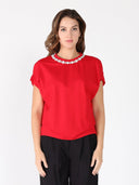 Pearl Work Round Neck Top TOP Gracia Fashion RED S 